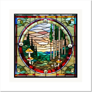 Woodsy Scenery Mushrooms Stained Glass Posters and Art